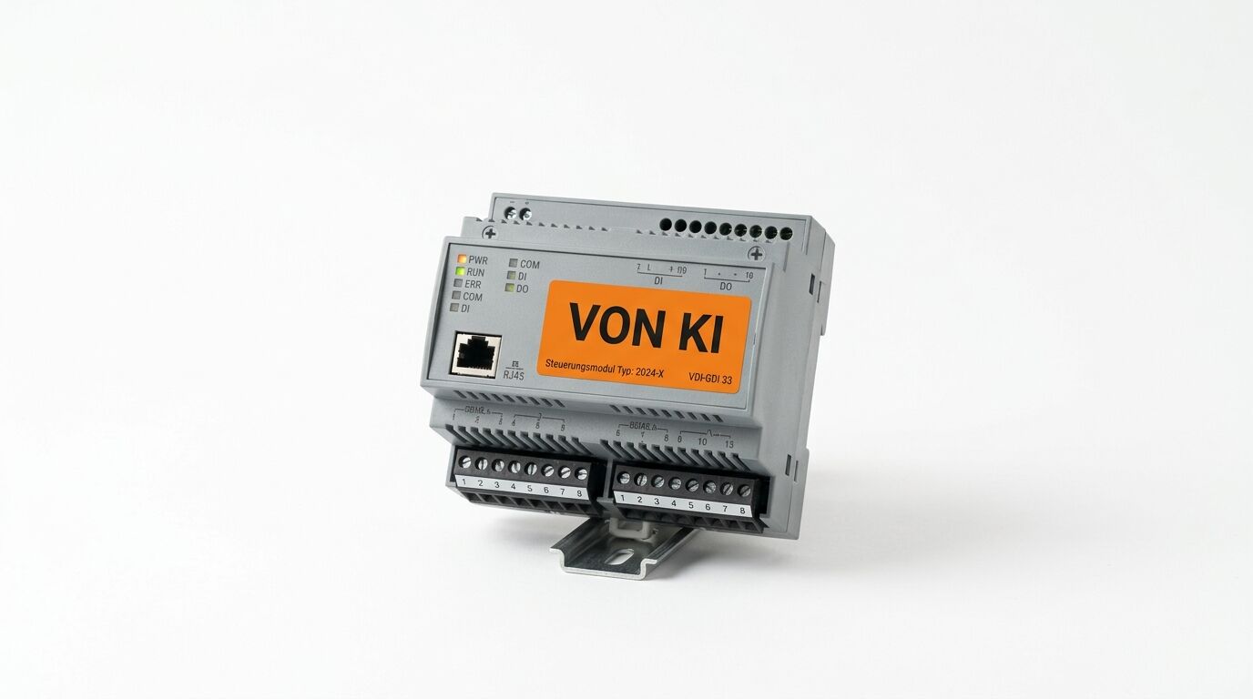 Ein elektronisches Steuerungsmodul mit der orangen Aufschrift „VON KI“ auf weißem Hintergrund