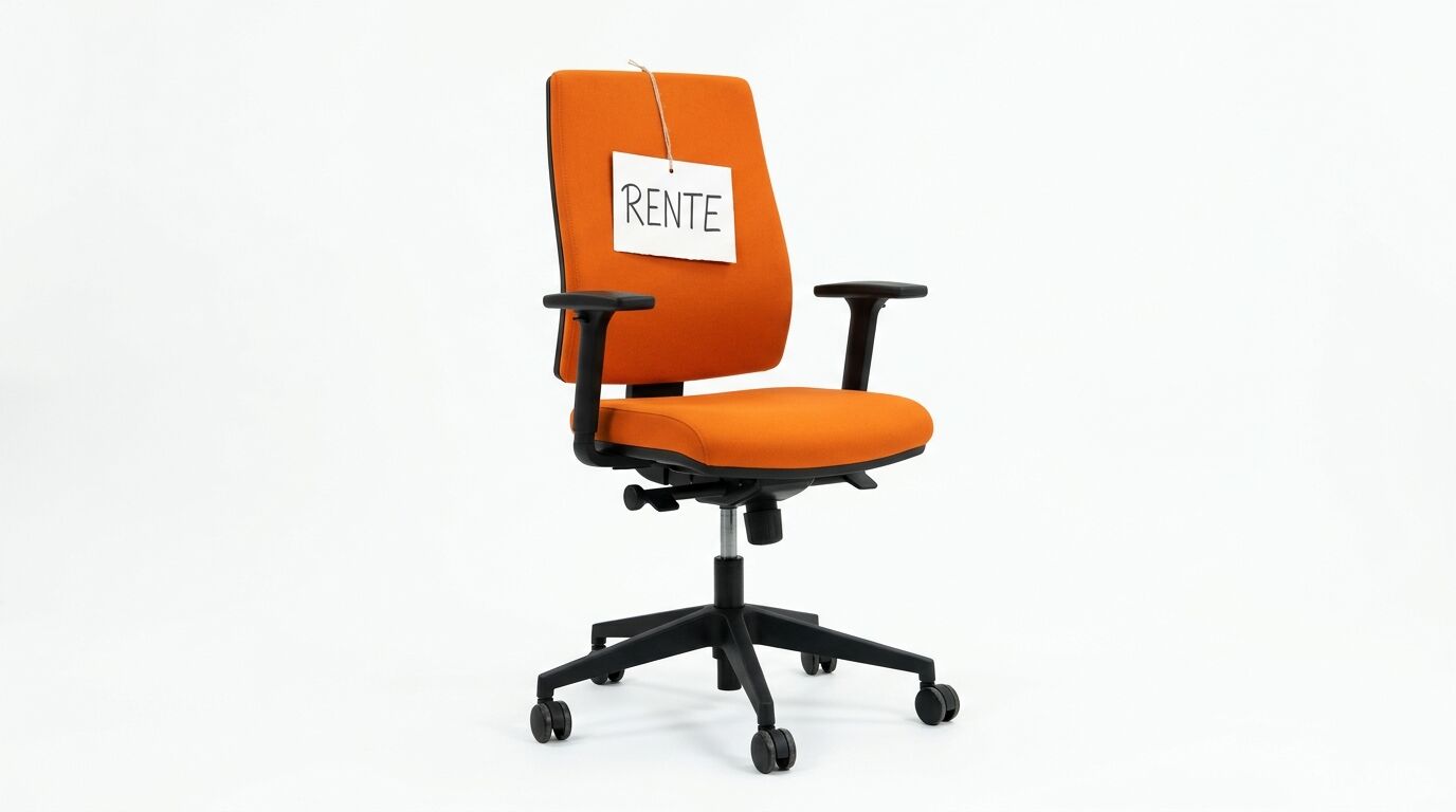 Oranger Bürostuhl auf weißem Grund mit einem handgeschriebenen Schild „RENTE“ an der Lehne