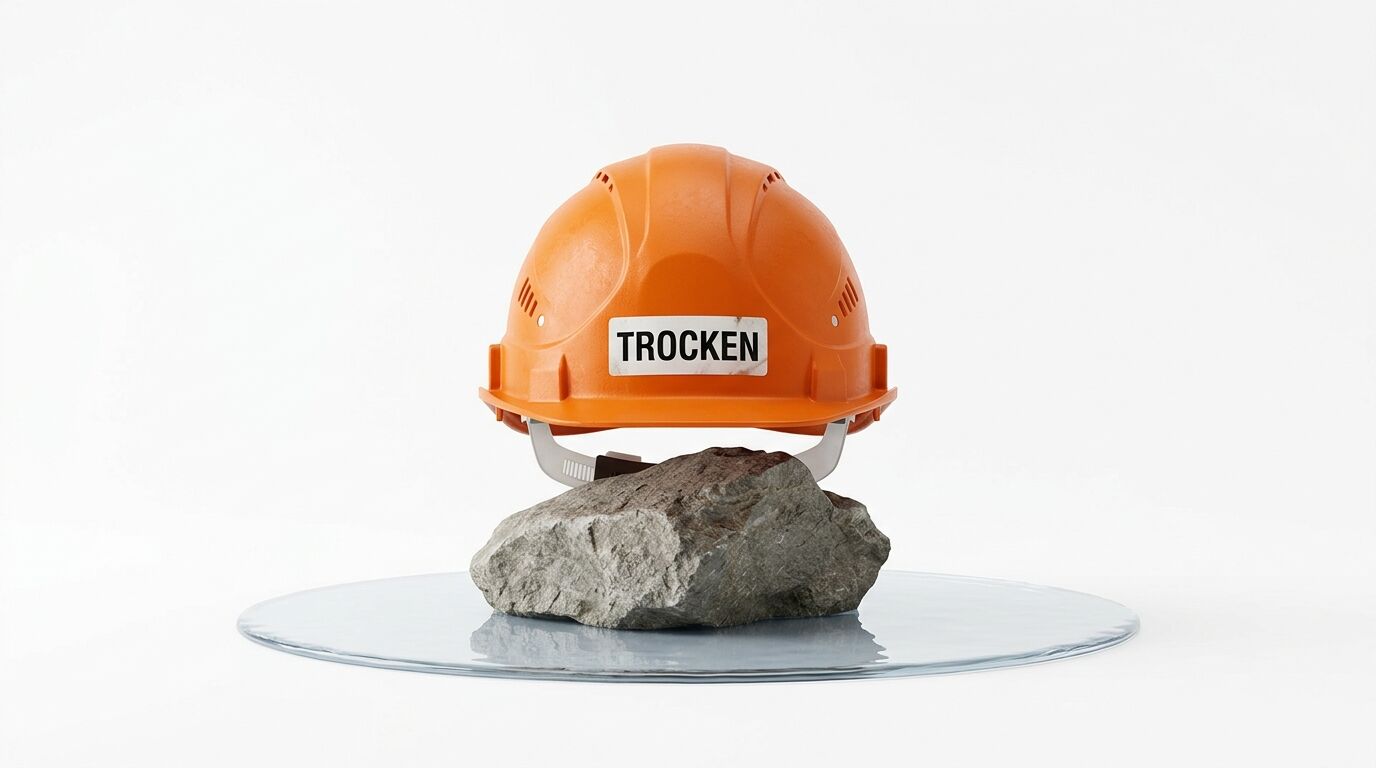 Ein oranger Bauhelm mit Aufschrift liegt auf einem Stein über einer Glasplatte