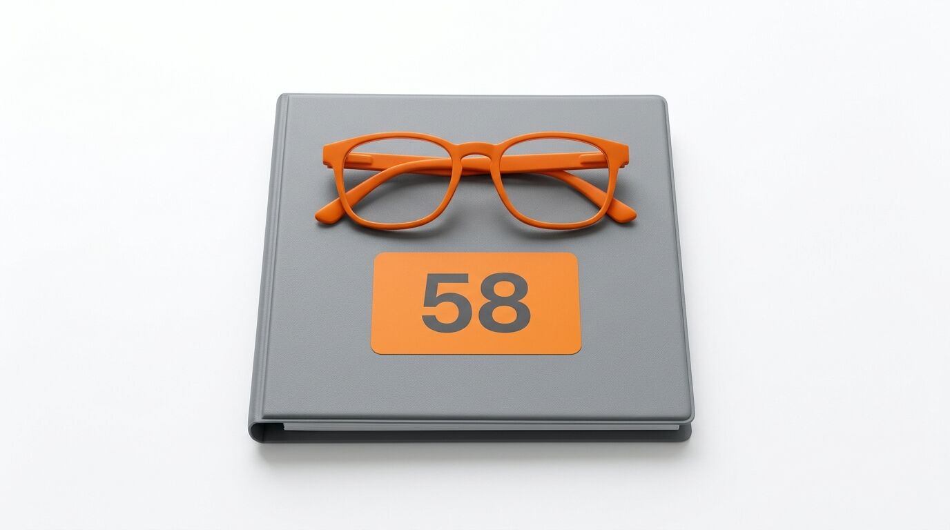 Orangefarbene Brille und orangefarbene Marke mit Nummer 58 auf grauem Buch vor weißem Hintergrund