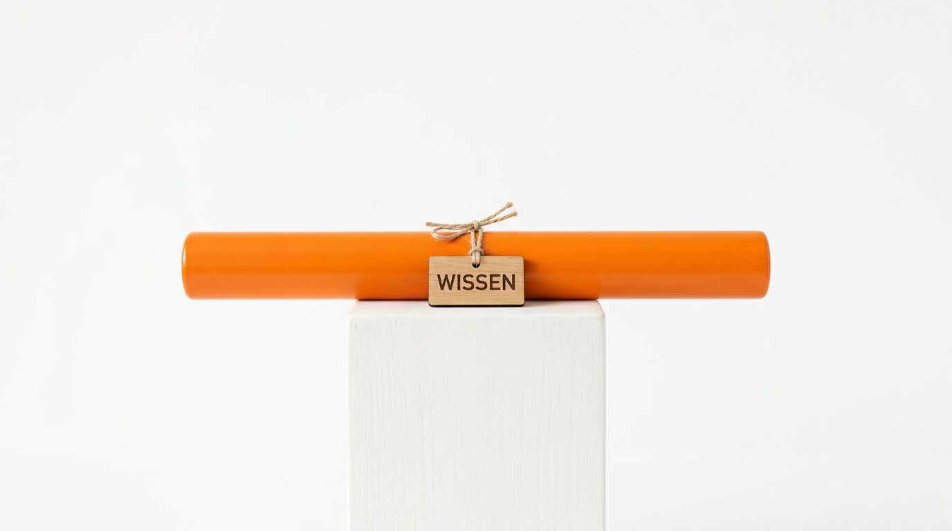 Oranges Rohr auf weißem Würfel, Holzanhänger mit Aufschrift „WISSEN“