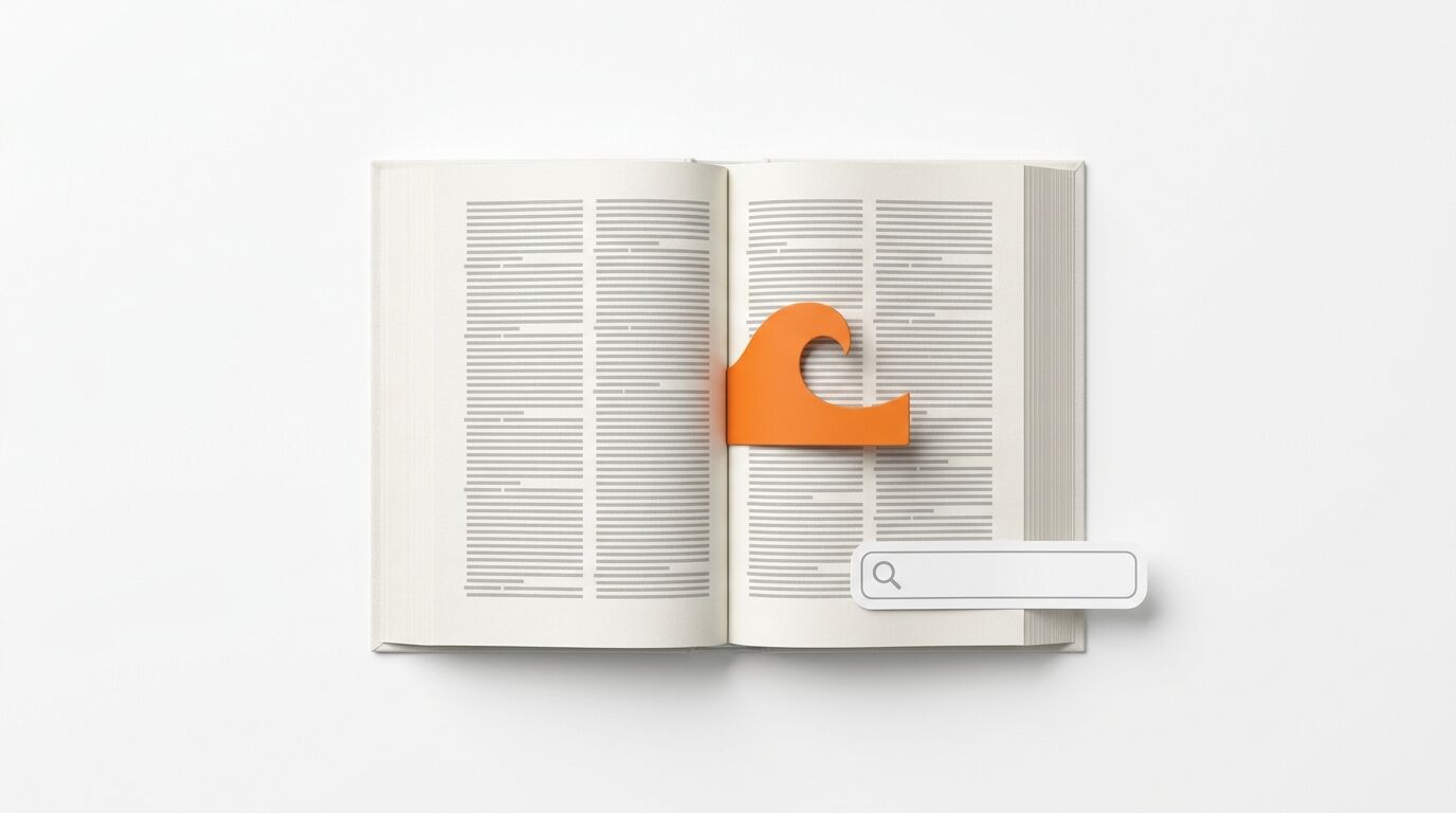 Offenes Buch mit orangefarbenem Lesezeichen in Wellenform und Suchleiste auf weißem Grund