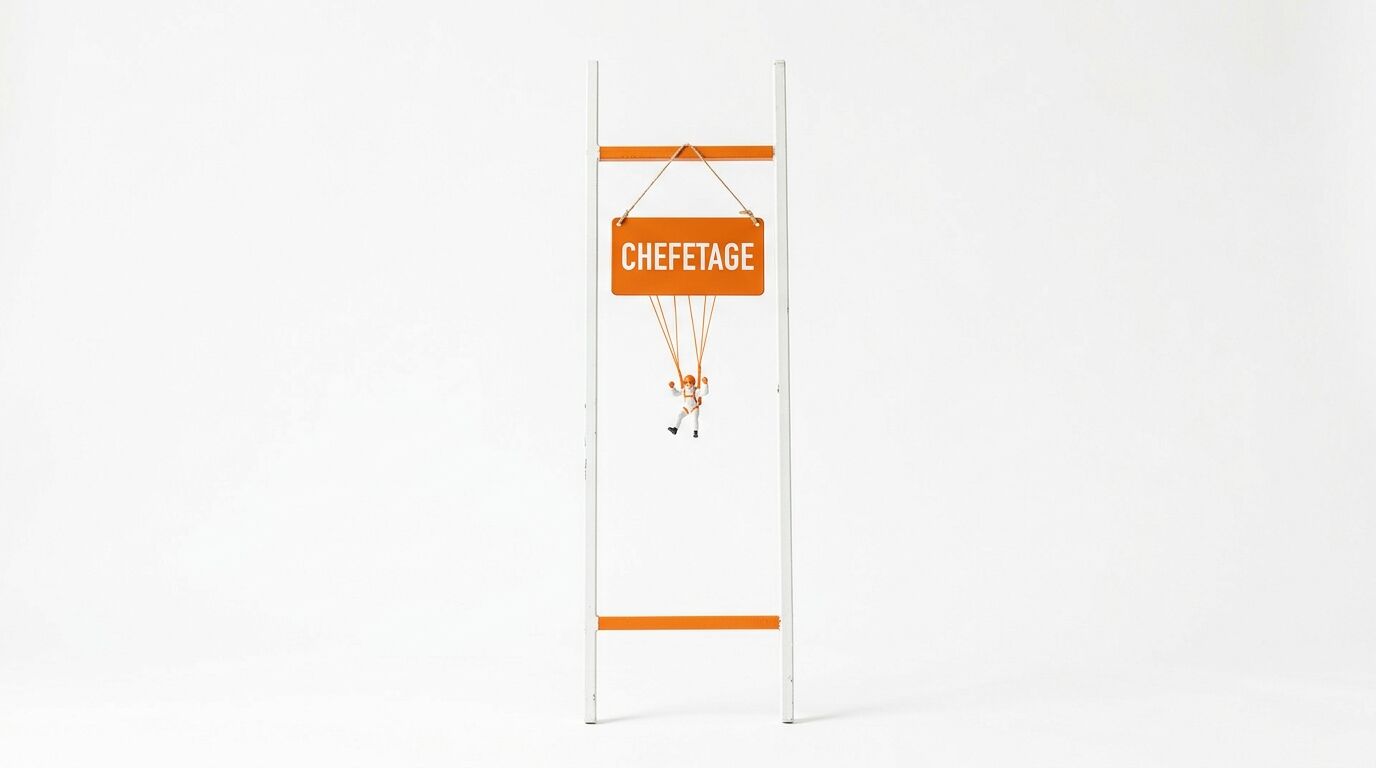 Eine Leiter mit einem Schild „CHEFETAGE“ und einer Figur, die darunter hängt