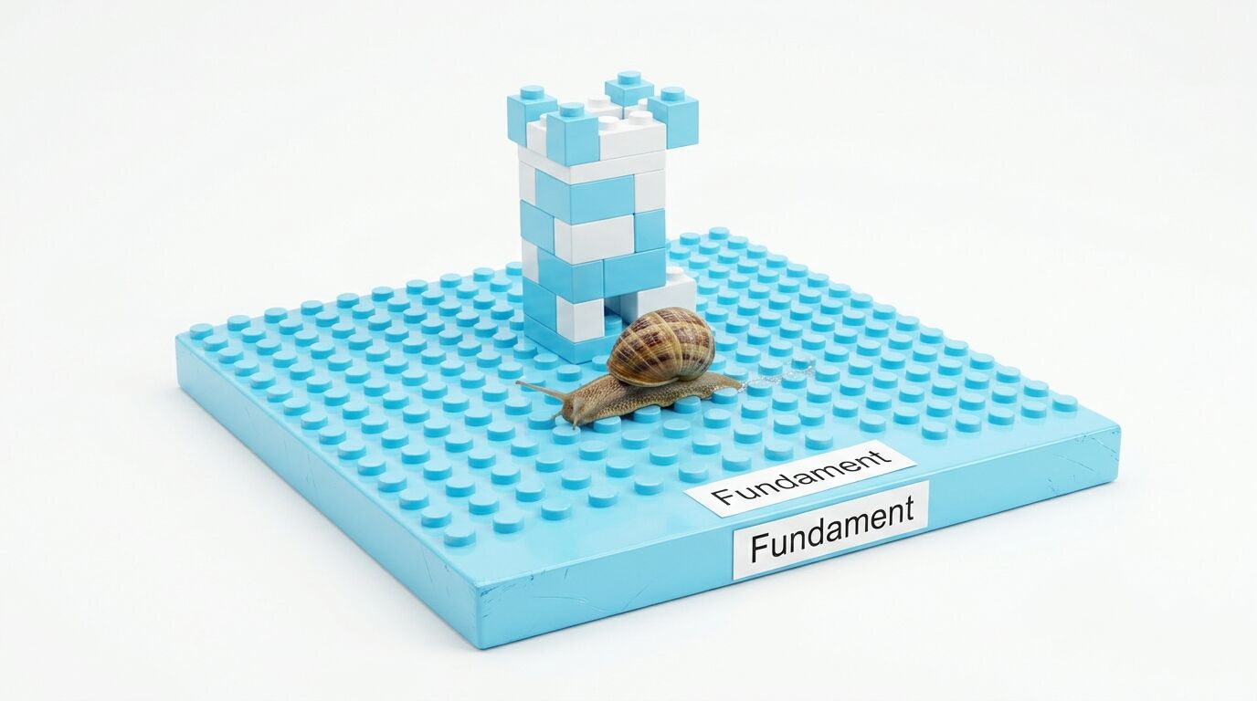Eine Schnecke kriecht auf einer blauen Noppenplatte vor einem Turm aus Bauklötzen