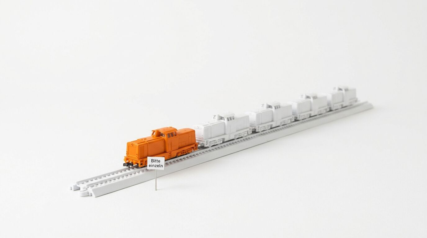 Orangefarbene Modelllok vor weißen Modellen auf Gleis mit Schild „Bitte einzeln“