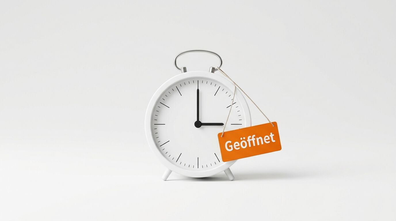 Ein weißer Wecker zeigt 3:00 Uhr und hat ein orangefarbenes Schild mit „Geöffnet“ angehängt