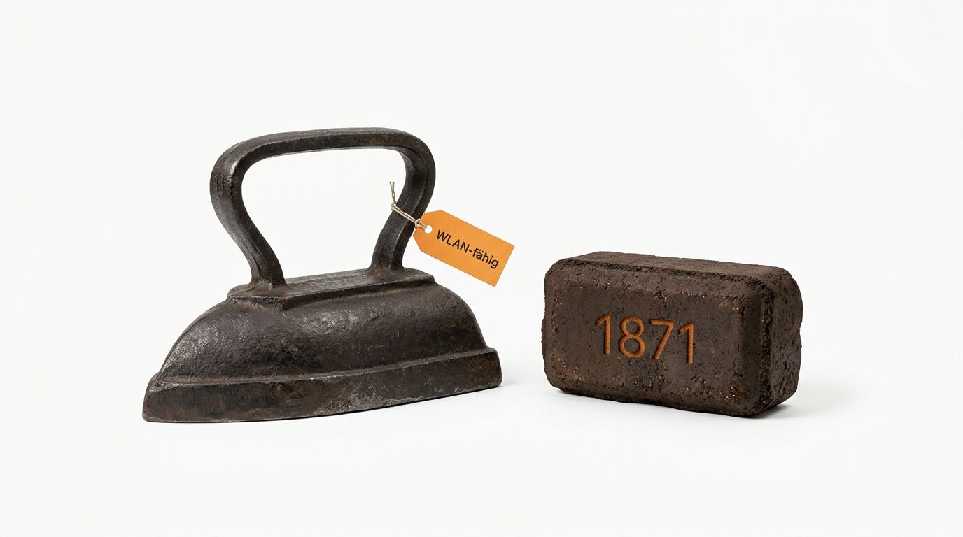 Ein antikes Bügeleisen mit dem Anhänger „WLAN-fähig“ und ein Torfbrikett mit der Jahreszahl 1871