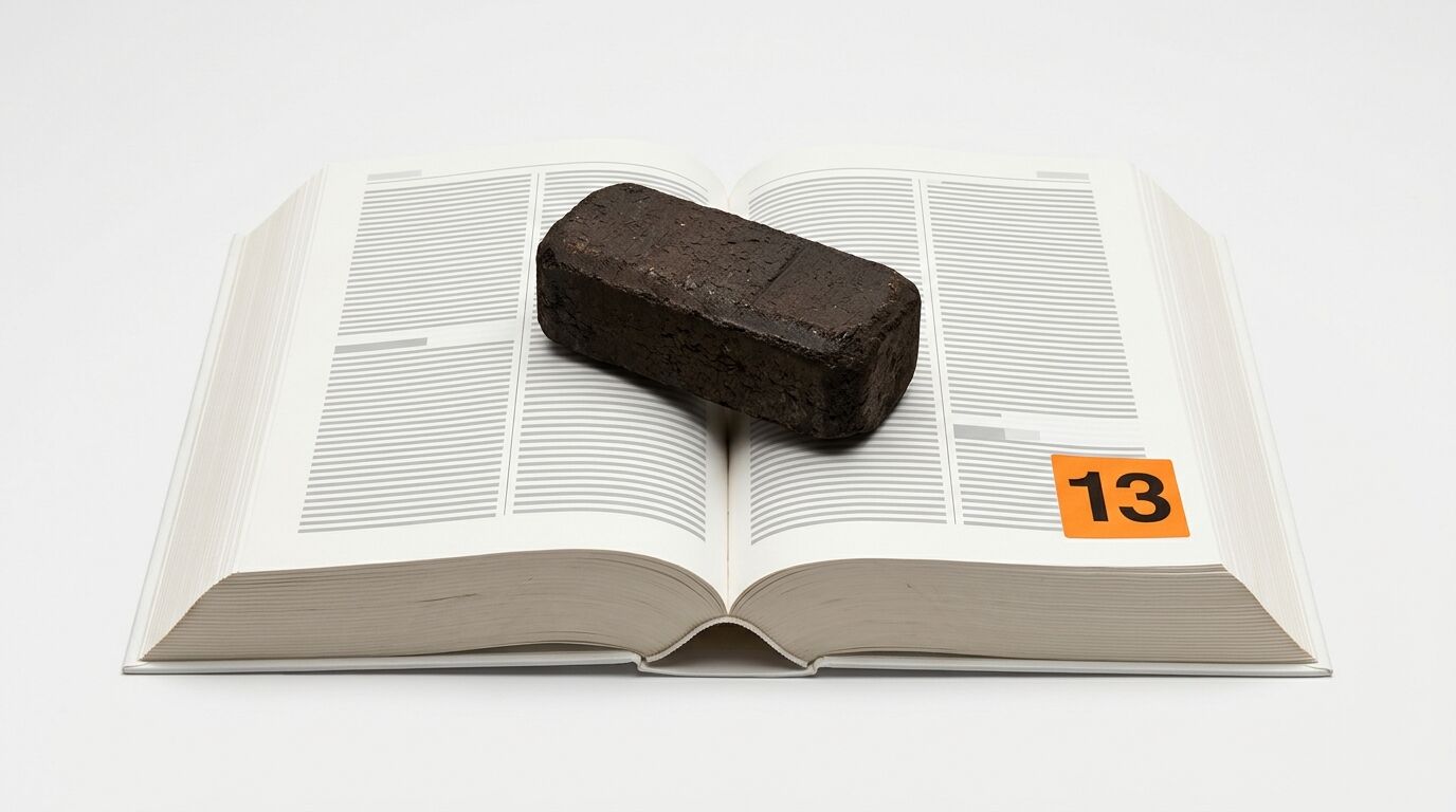 Ein dunkler Ziegelstein liegt mittig auf einem aufgeschlagenen Buch mit einem orangefarbenen Zettel
