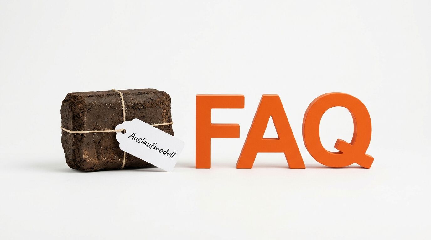 Torfbrikett mit Anhänger „Auslaufmodell“ und orangefarbene Buchstaben „FAQ“ auf weißem Grund