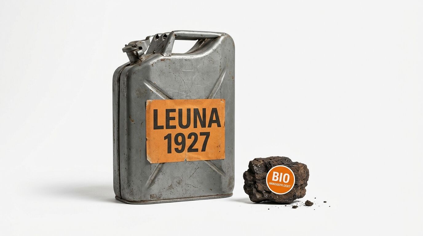 Ein grauer Kanister mit Etikett „LEUNA 1927“ und ein Stück Kohle mit Sticker „BIO“