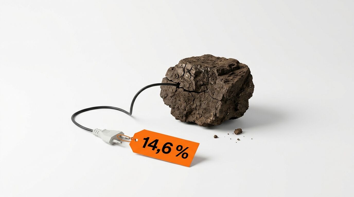Kohlebrocken mit Kabel und Stecker, daran ein orangefarbener Anhänger mit „14,6 %“