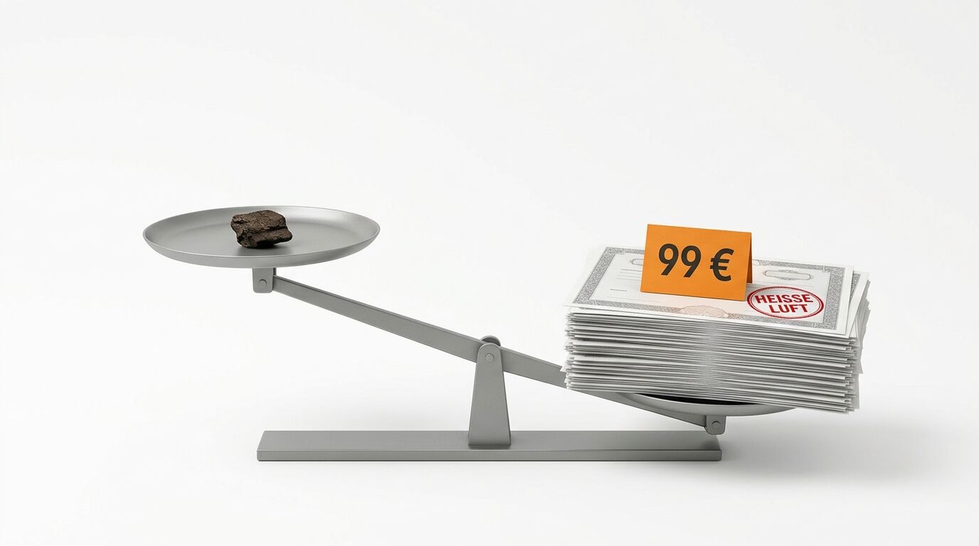 Waage mit Kohle und Papierstapel, darauf Preisschild „99 €“ und Stempel „HEISSE LUFT“