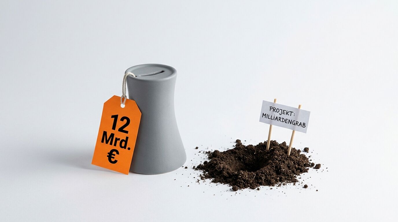 Kühlturm-Sparschwein mit 12 Mrd. € Anhänger und Erdhaufen mit Schild „Milliardengrab“
