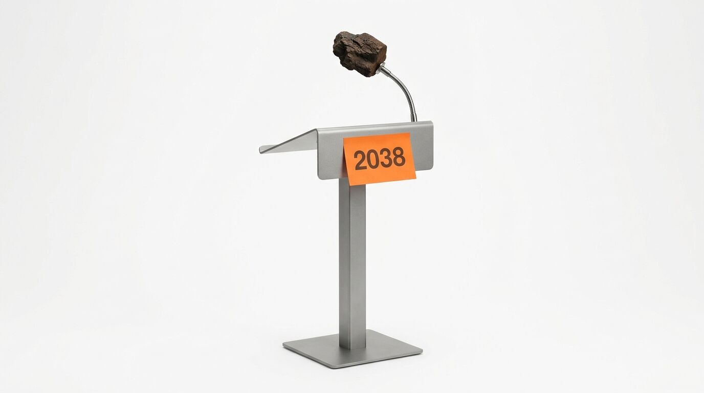 Silbernes Rednerpult mit Stück Kohle am Mikrofon und Zahl „2038“ auf orangefarbenem Schild
