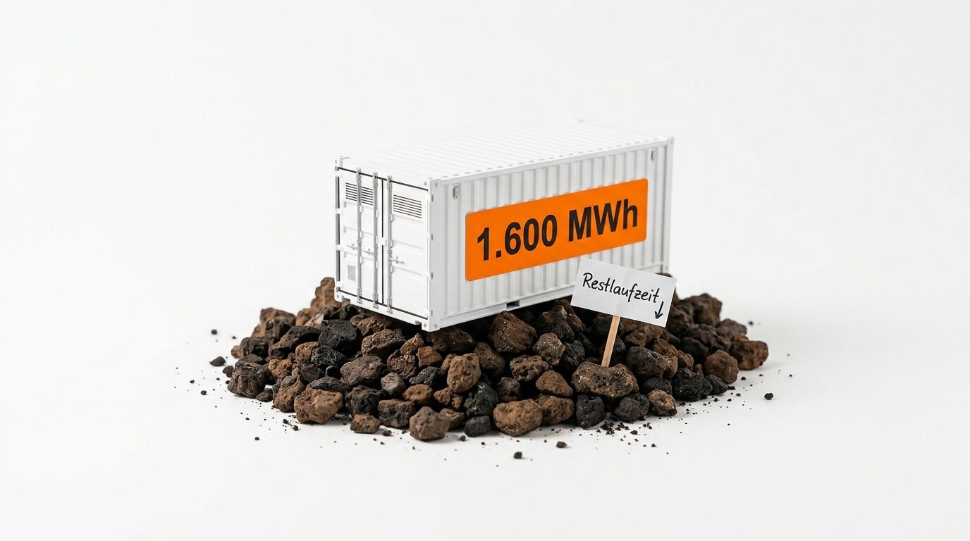 Container mit Aufschrift „1.600 MWh“ auf Lavasteinen und Schild mit Text „Restlaufzeit“