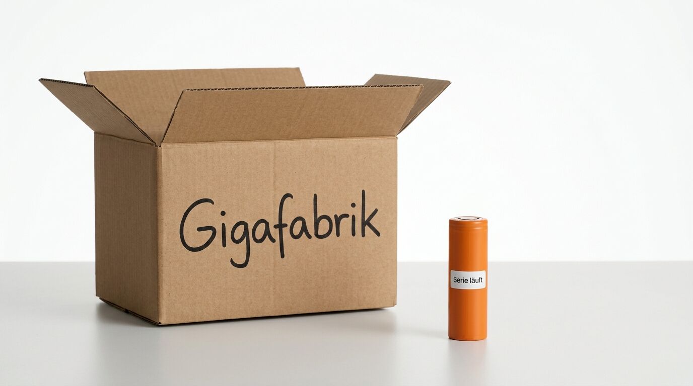 Pappkarton „Gigafabrik“ und Akku „Serie läuft“ auf weißem Hintergrund