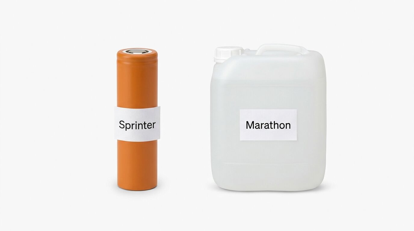 Batterie (Sprinter) neben Kanister (Marathon) vor weißem Hintergrund