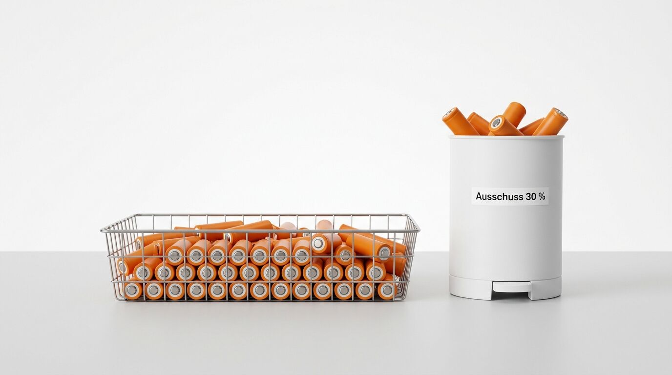 Drahtkorb mit Batterien und Tretmülleimer mit Text „Ausschuss 30 %“ und Batterien