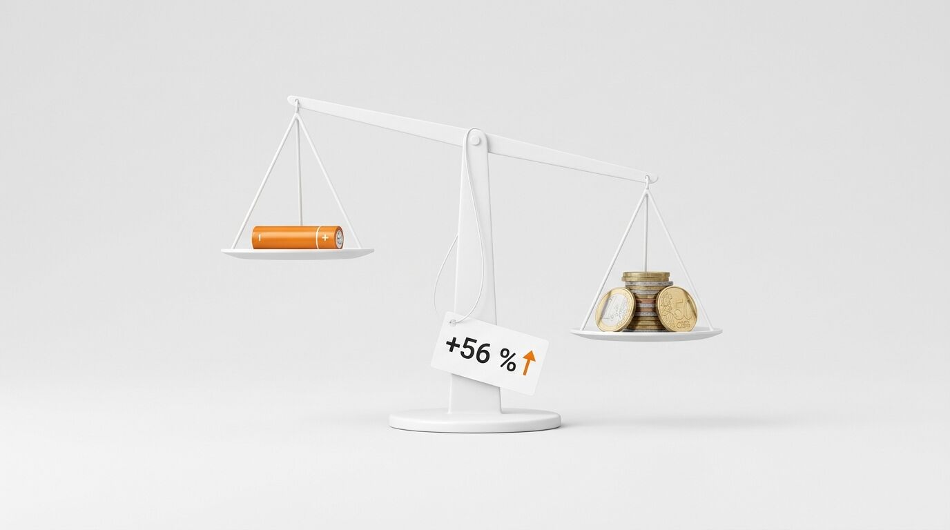 Waage mit Batterie links, Münzen rechts, Schild mit „+56 % ↑“ in der Mitte auf weißem Grund
