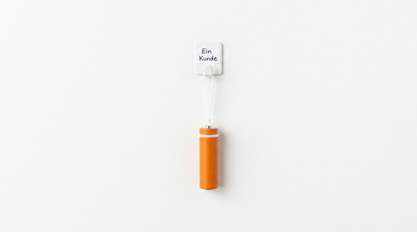Eine orangefarbene Batterie hängt an einem Wandhaken mit der Aufschrift „Ein Kunde“