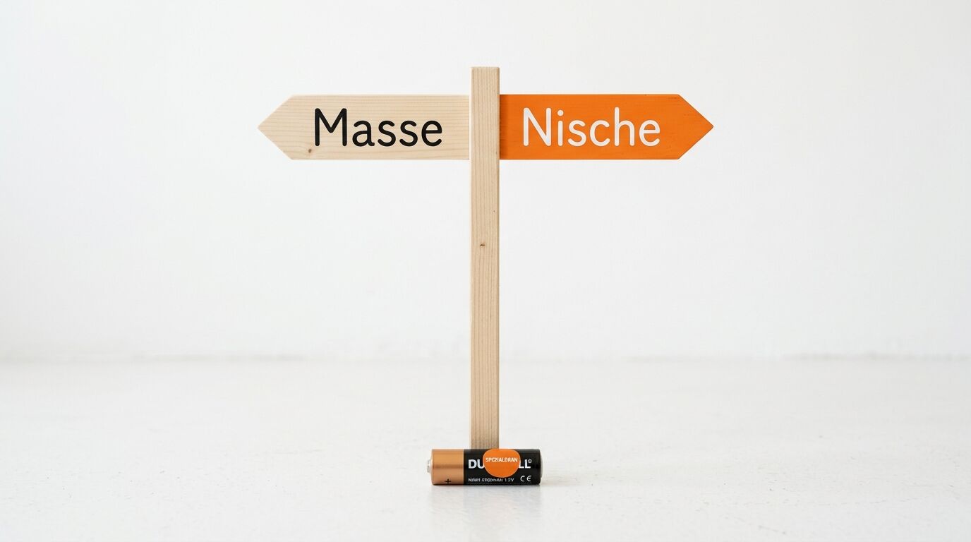 Holzwegweiser auf Batterie, links Pfeil „Masse“, rechts orangefarbener Pfeil „Nische“