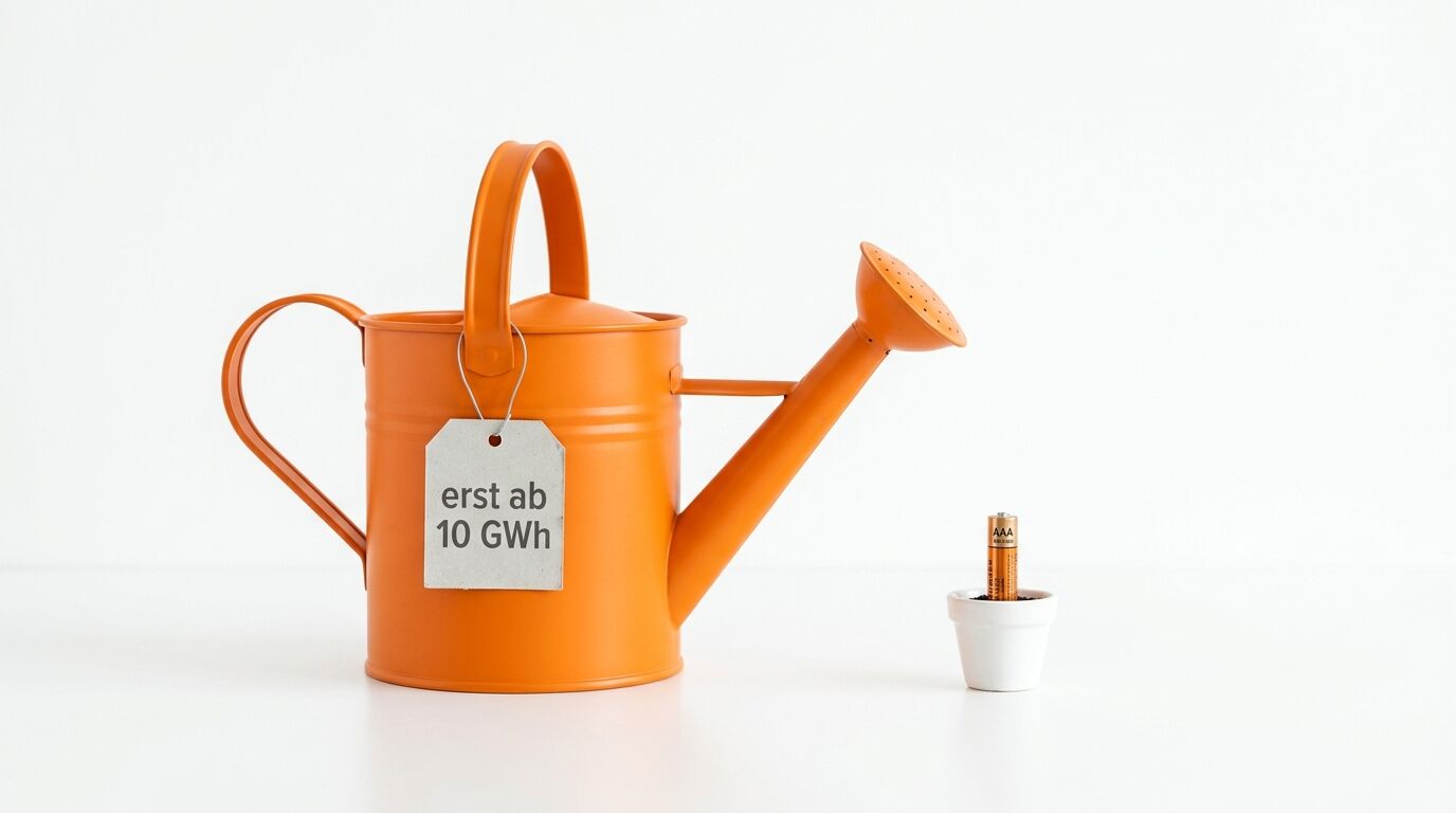 Orange Gießkanne mit Schild, daneben Batterie in Mini-Topf