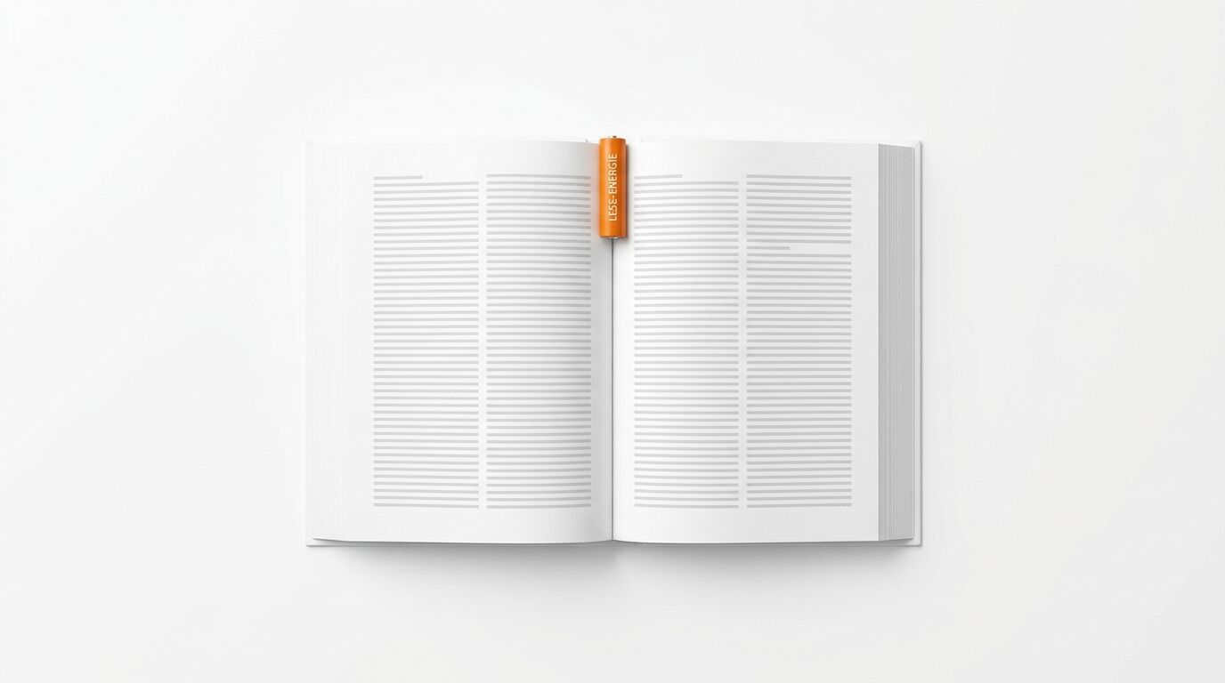 Offenes Buch mit Batterie und Aufschrift LESE-ENERGIE in der Mitte auf weißem Grund