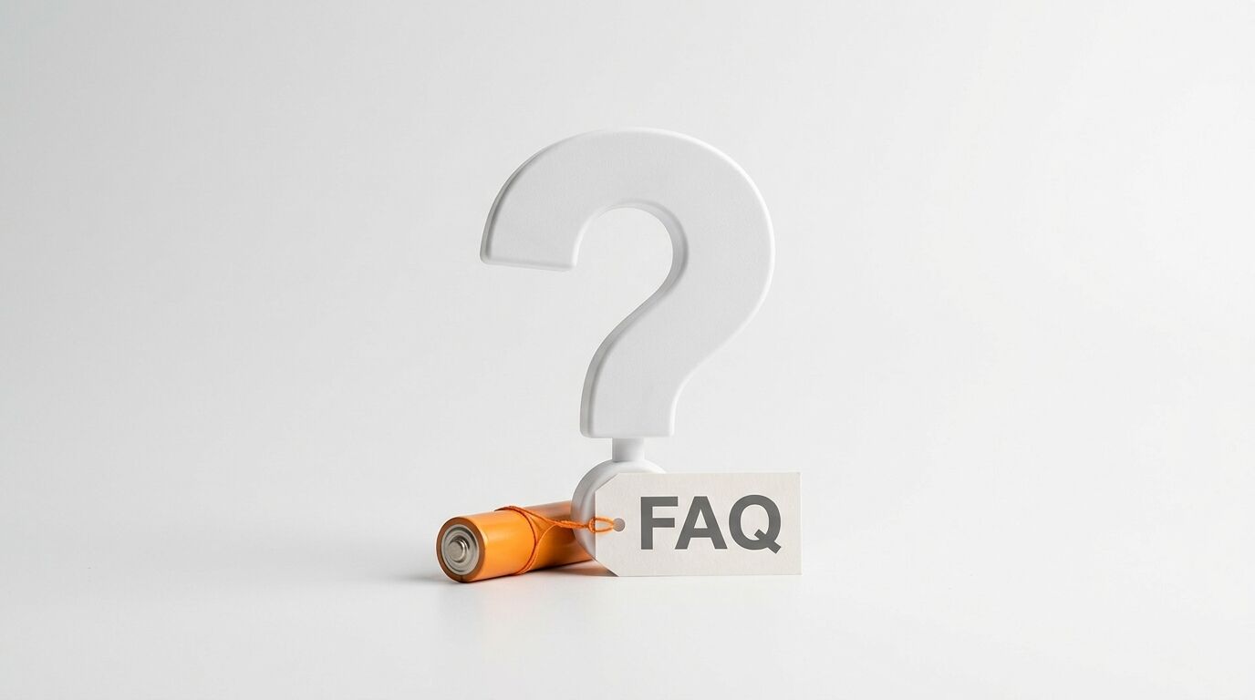 Ein großes Fragezeichen, eine Batterie und ein FAQ-Schild stehen auf weißem Untergrund