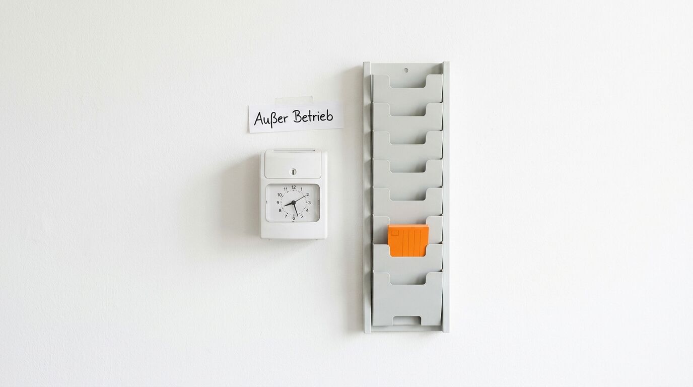 Wandstechuhr, Notiz „Außer Betrieb“ und Metall-Prospekthalter mit orangefarbener Karte an weißer Wand