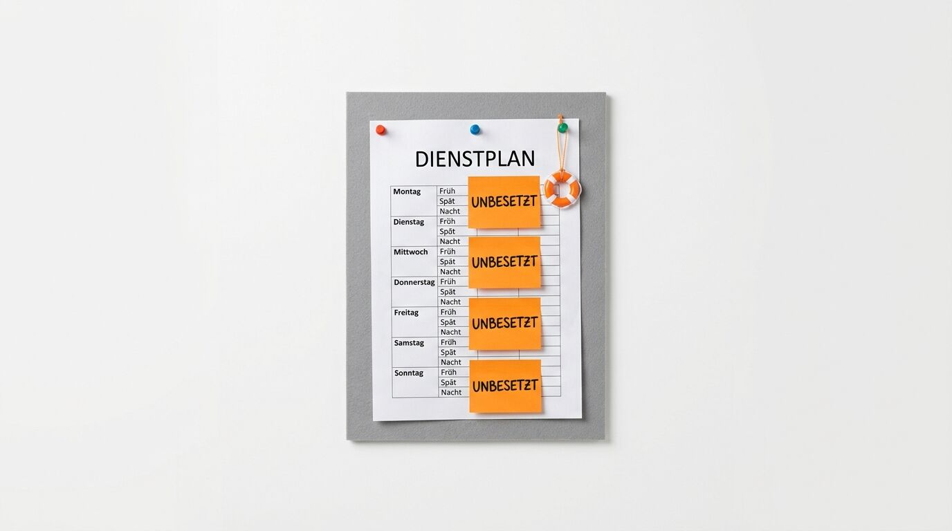 Dienstplan-Tabelle mit vier Notizzetteln „UNBESETZT“ an Pinnwand und kleinem Rettungsring daneben