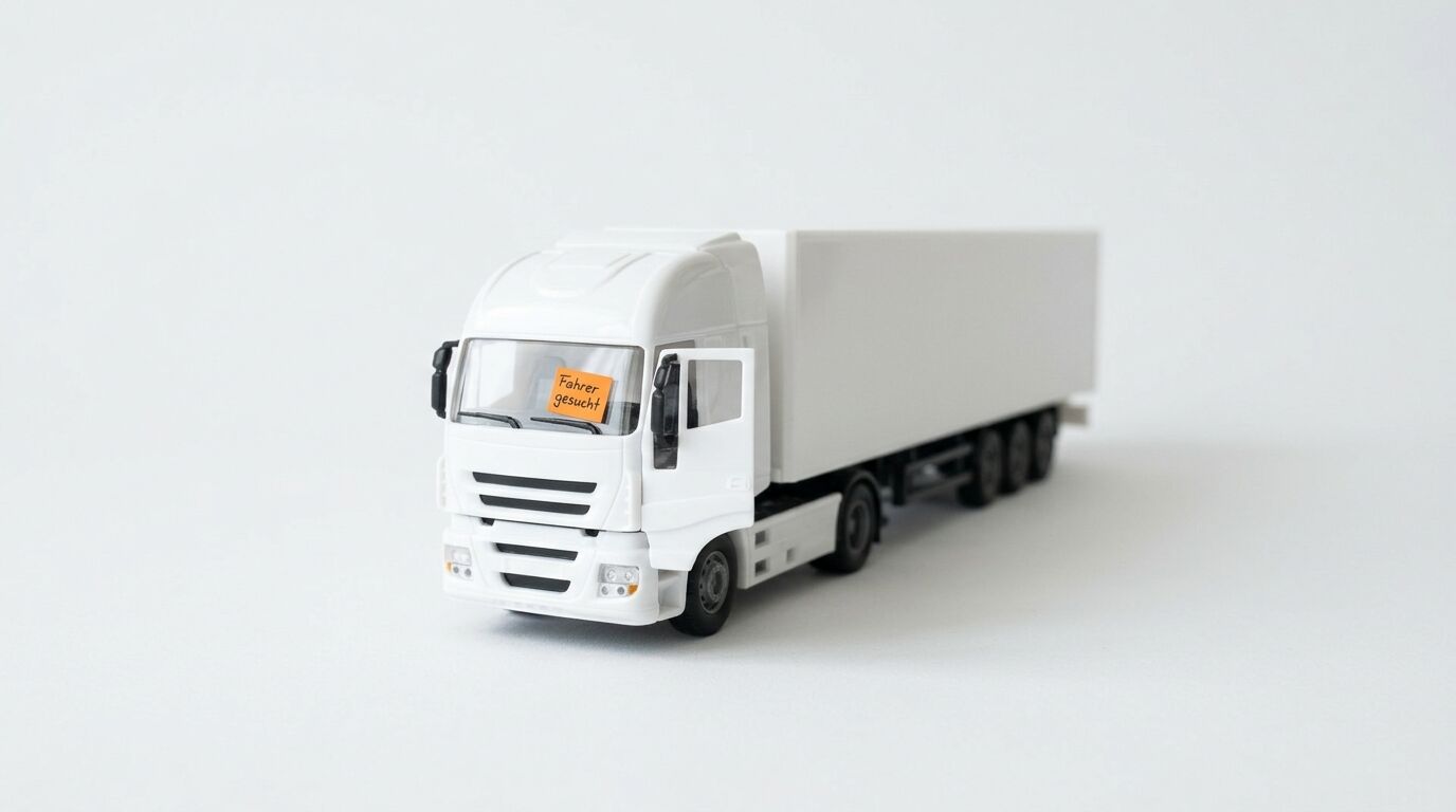 Weißes Lkw-Modell mit offenem Fahrerhaus und Schild „Fahrer gesucht“ vor weißem Hintergrund