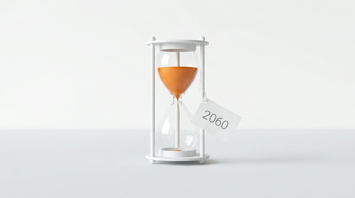 Weiße Sanduhr mit orangefarbenem Sand und einem Schild mit der Aufschrift „2060“