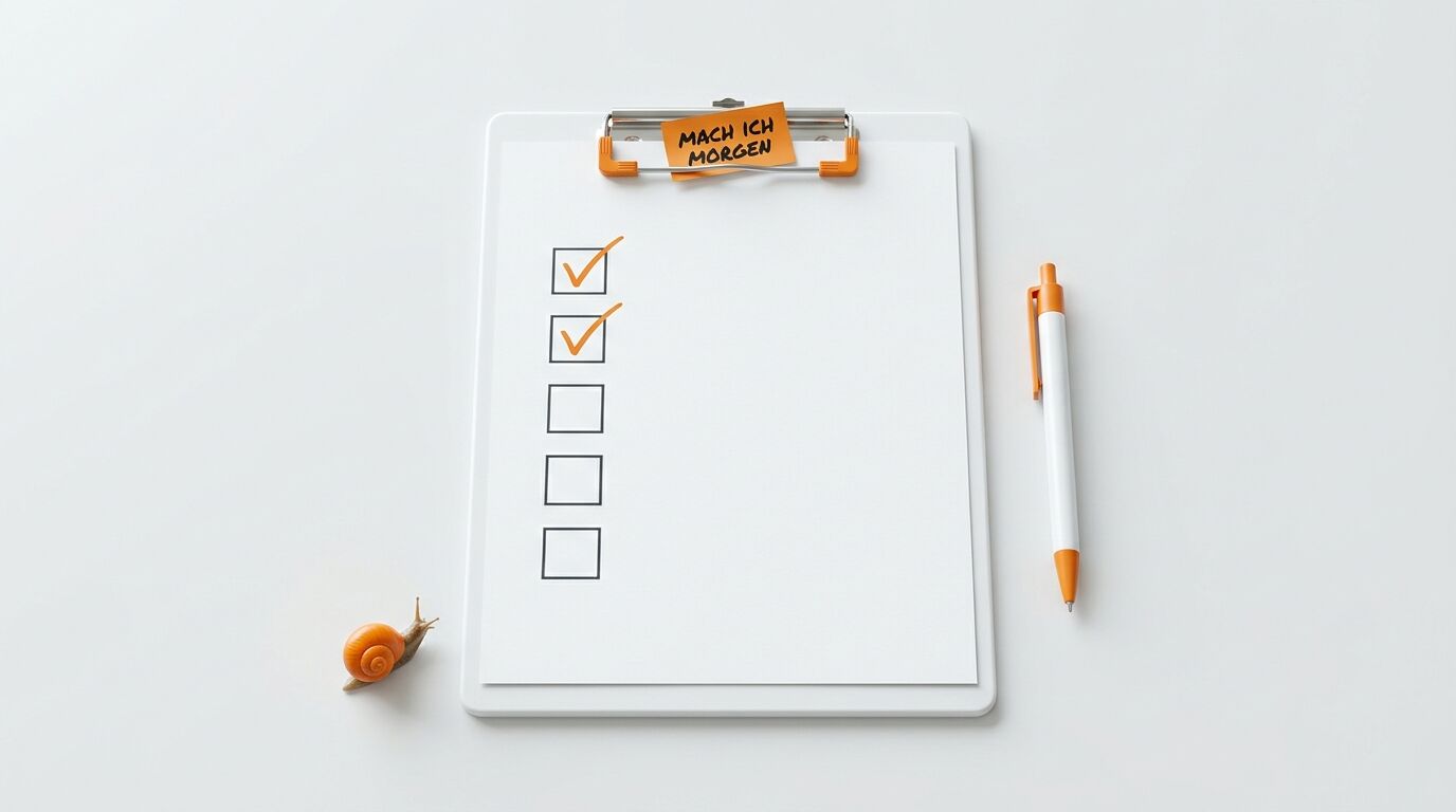 Klemmbrett mit Checkliste, Stift, Schnecke, Notiz mit „MACH ICH MORGEN“