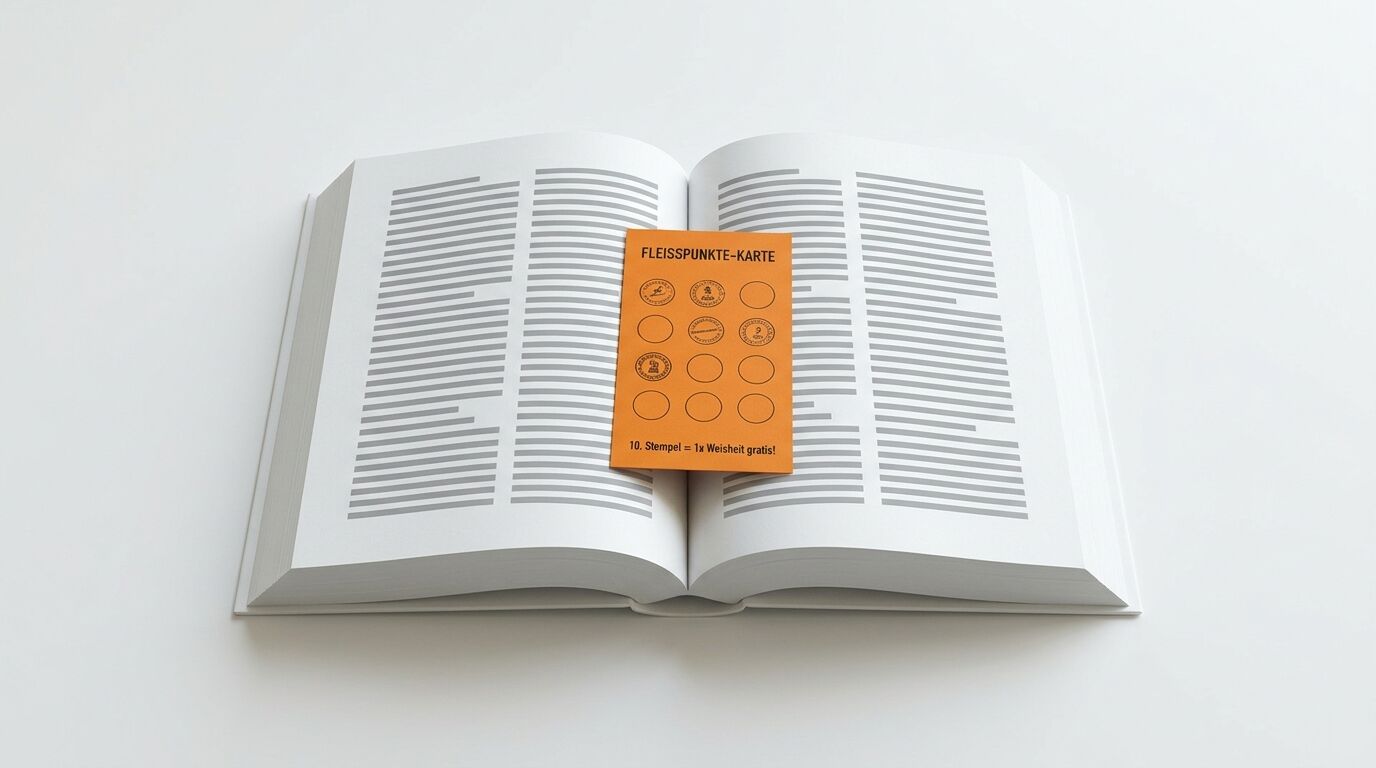 Geöffnetes Buch mit orangefarbener „Fleißpunkte-Karte“ darauf