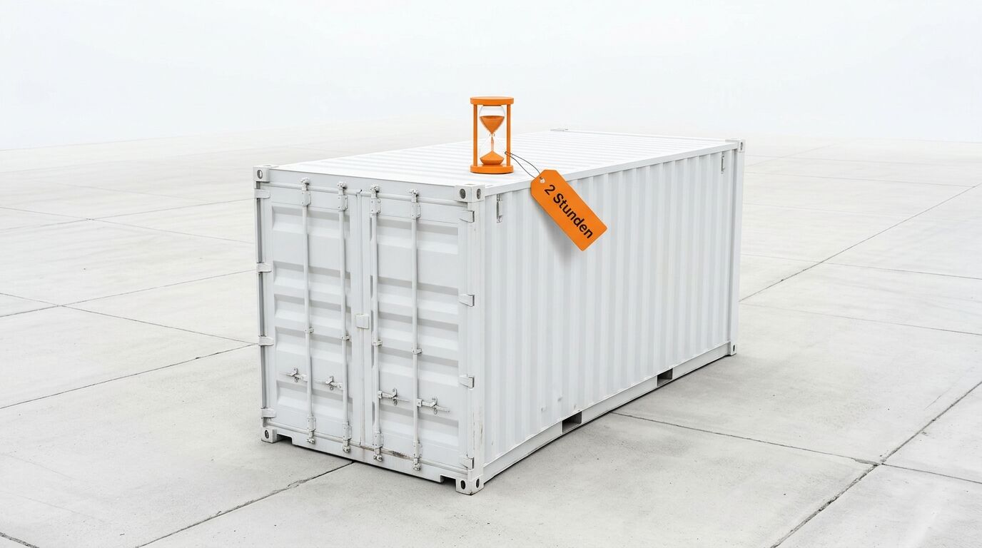Ein weißer Container steht auf einer Betonfläche. Darauf eine Sanduhr und ein Etikett