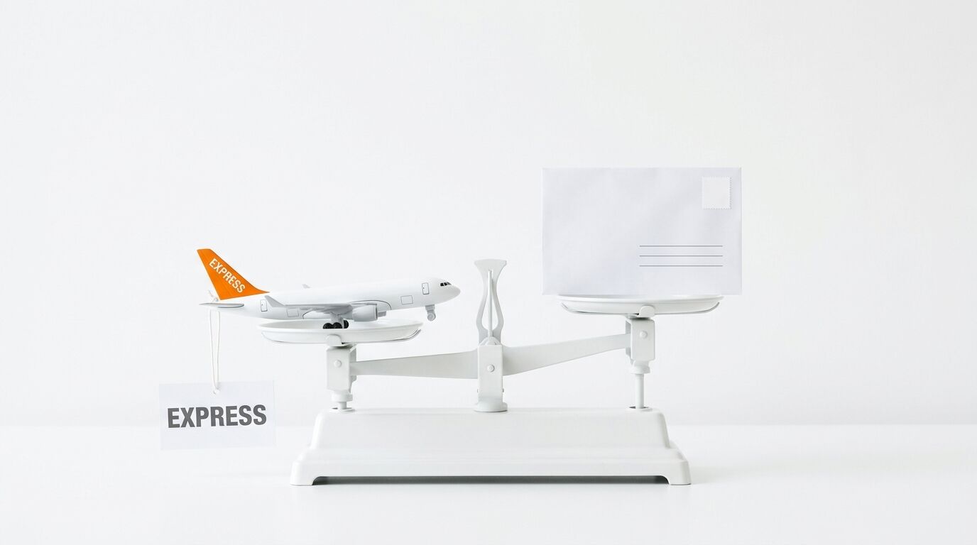 Modellflugzeug links und Brief rechts auf einer Waage vor weißem Hintergrund