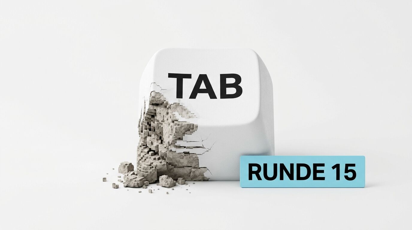 TAB-Taste zerfällt links, daneben steht ein blauer Balken mit „RUNDE 15“ in Deutsch
