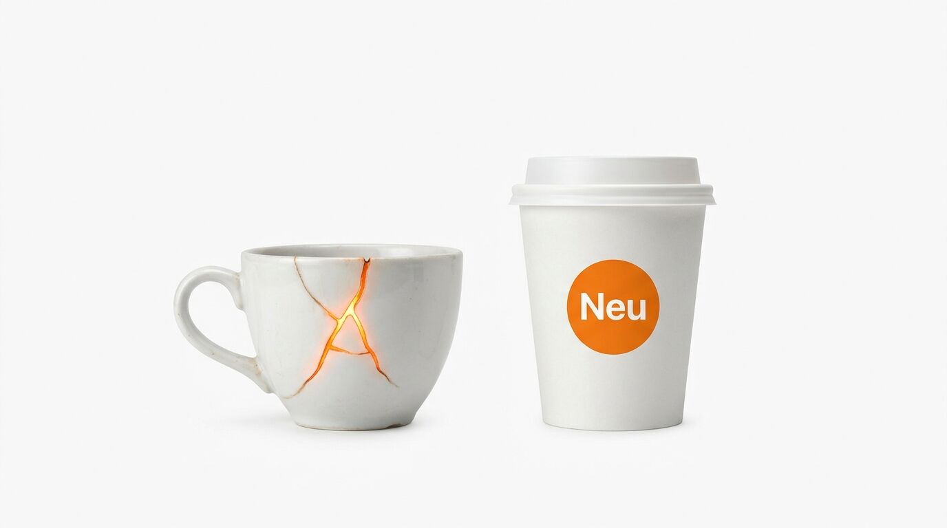 Kaputte Tasse (Kintsugi) neben Pappbecher mit orangefarbenem „Neu“-Logo