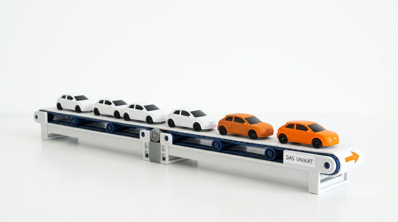 Modellförderband mit vier weißen und zwei orangefarbenen Spielzeugautos