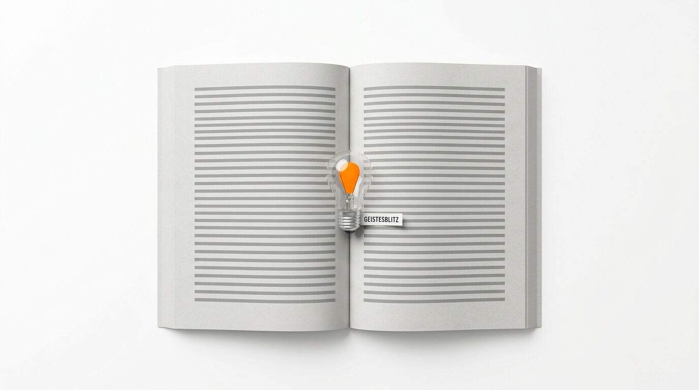 Aufgeschlagenes Buch mit orangefarbener Glühbirne und Aufschrift GEISTESBLITZ auf weißem Grund