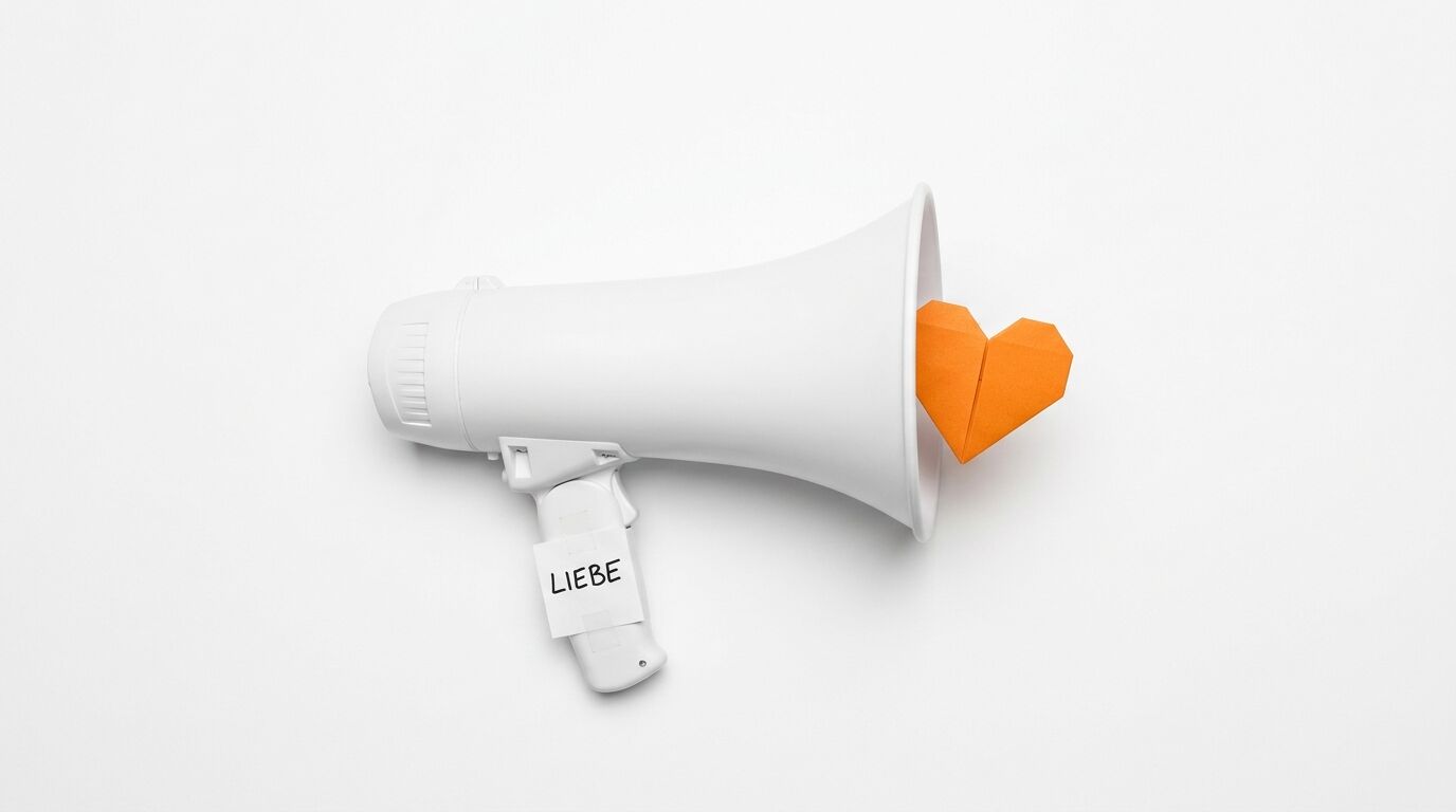 Megaphon auf Weiß mit „LIEBE“-Zettel und Origami-Herz
