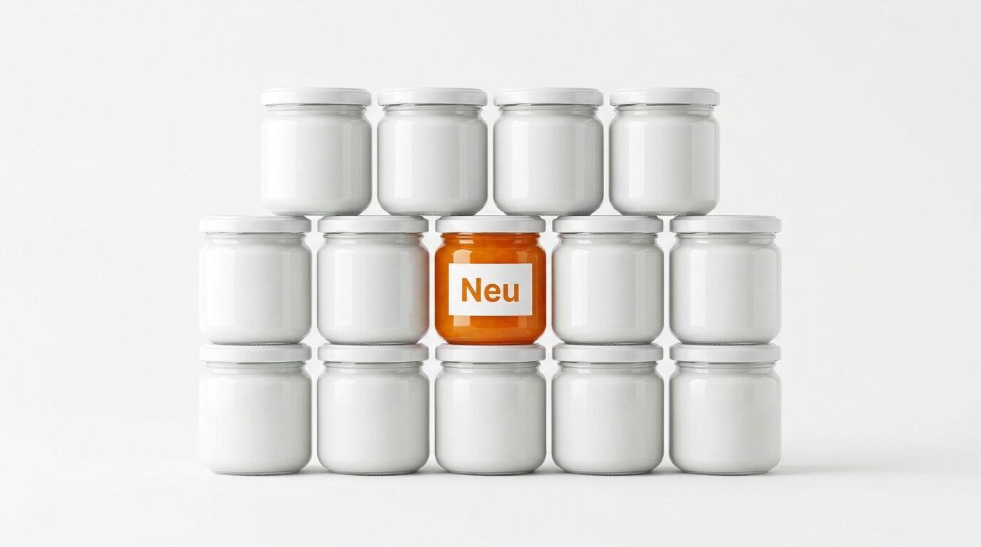 Ein oranges Glas mit der Aufschrift „Neu“ in einer Gruppe weißer Gläser auf weißem Grund