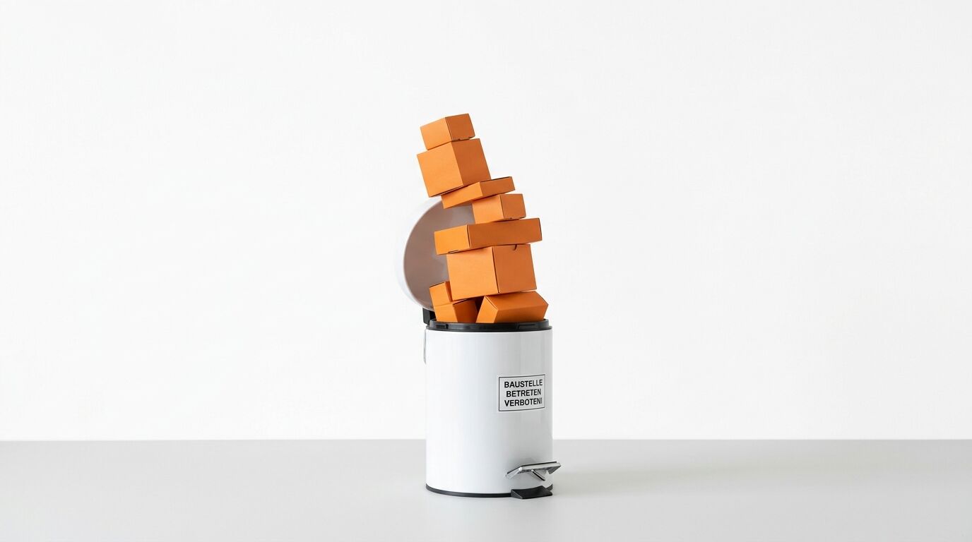 Ein weißer Treteimer mit Aufkleber quillt über mit kleinen orangefarbenen Schachteln