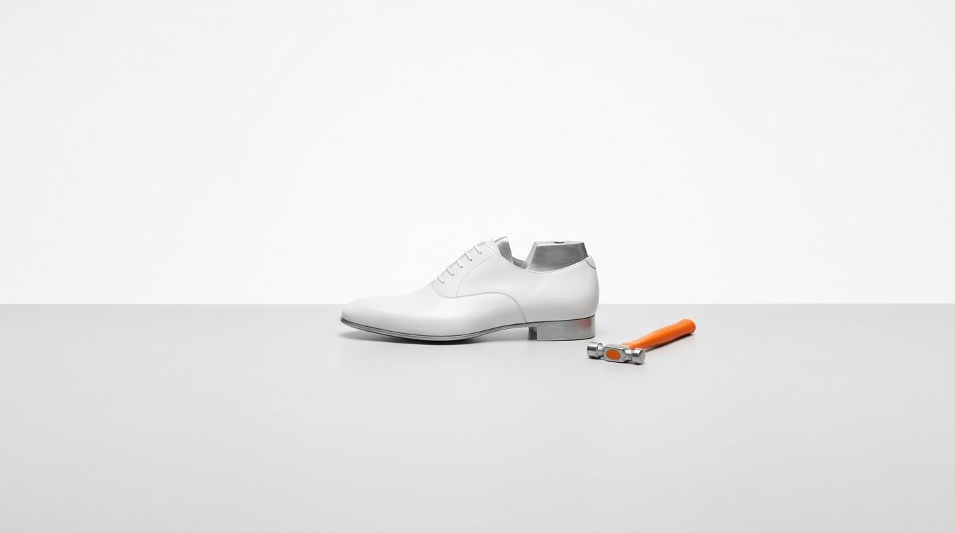 Ein weißer Halbschuh mit Metalleinsatz im Fersenbereich neben einem Hammer mit orangefarbenem Griff