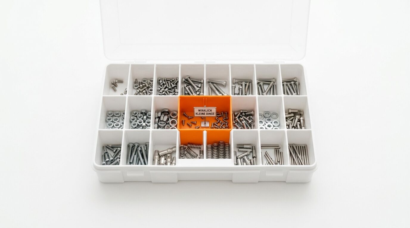 Offene Plastikbox mit Fächern, gefüllt mit Kleinteilen wie Schrauben, Muttern und Federn