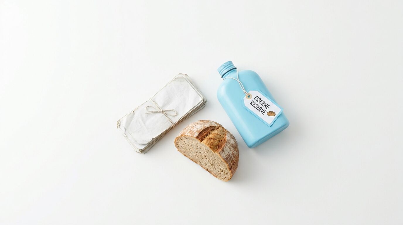 Brot, eine blaue Flasche mit „Eiserne Reserve“-Schild und Papierpaket auf weißem Grund