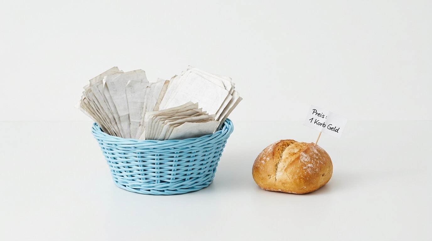 Ein blauer Korb voller Papierstapel neben einem Brötchen mit Preisschild