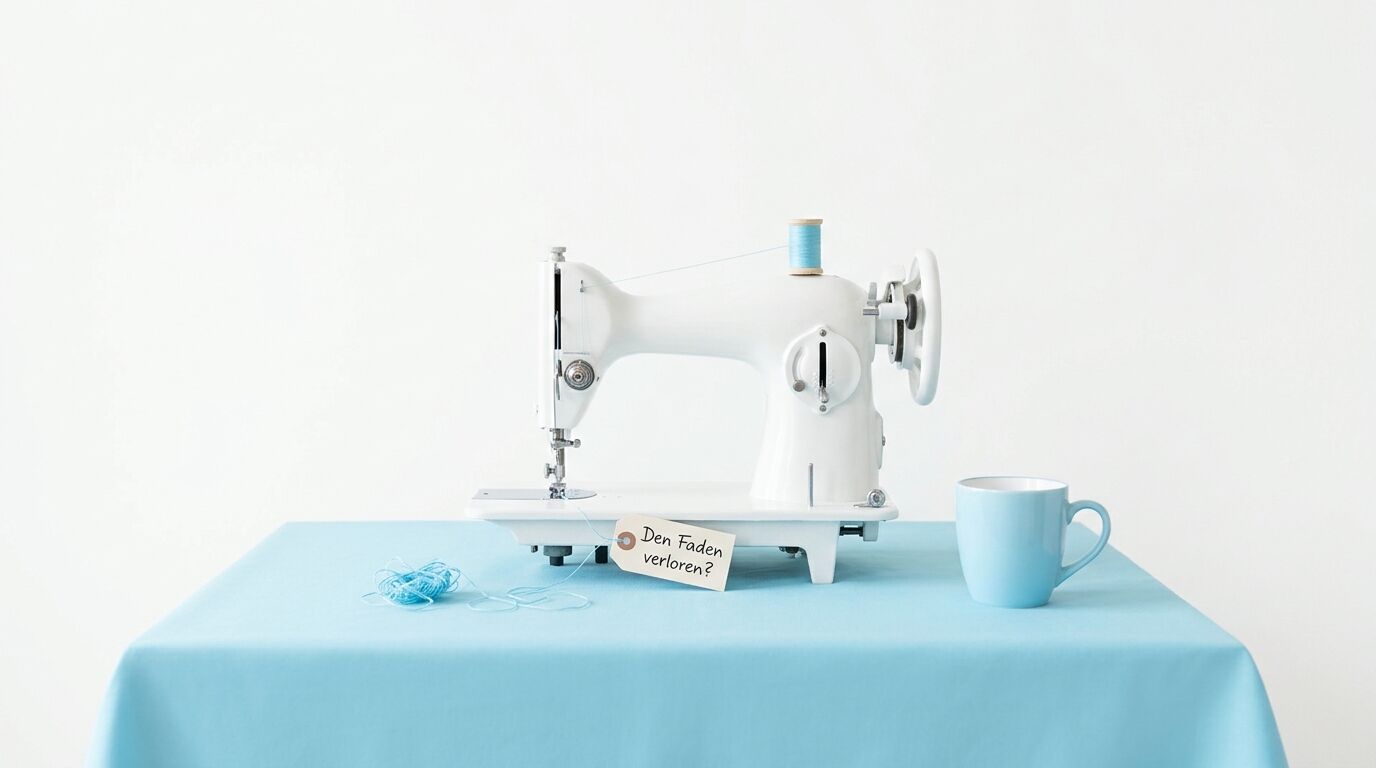 Nähmaschine, Tasse, Garnknäuel und Anhänger mit Aufschrift auf blauem Tisch