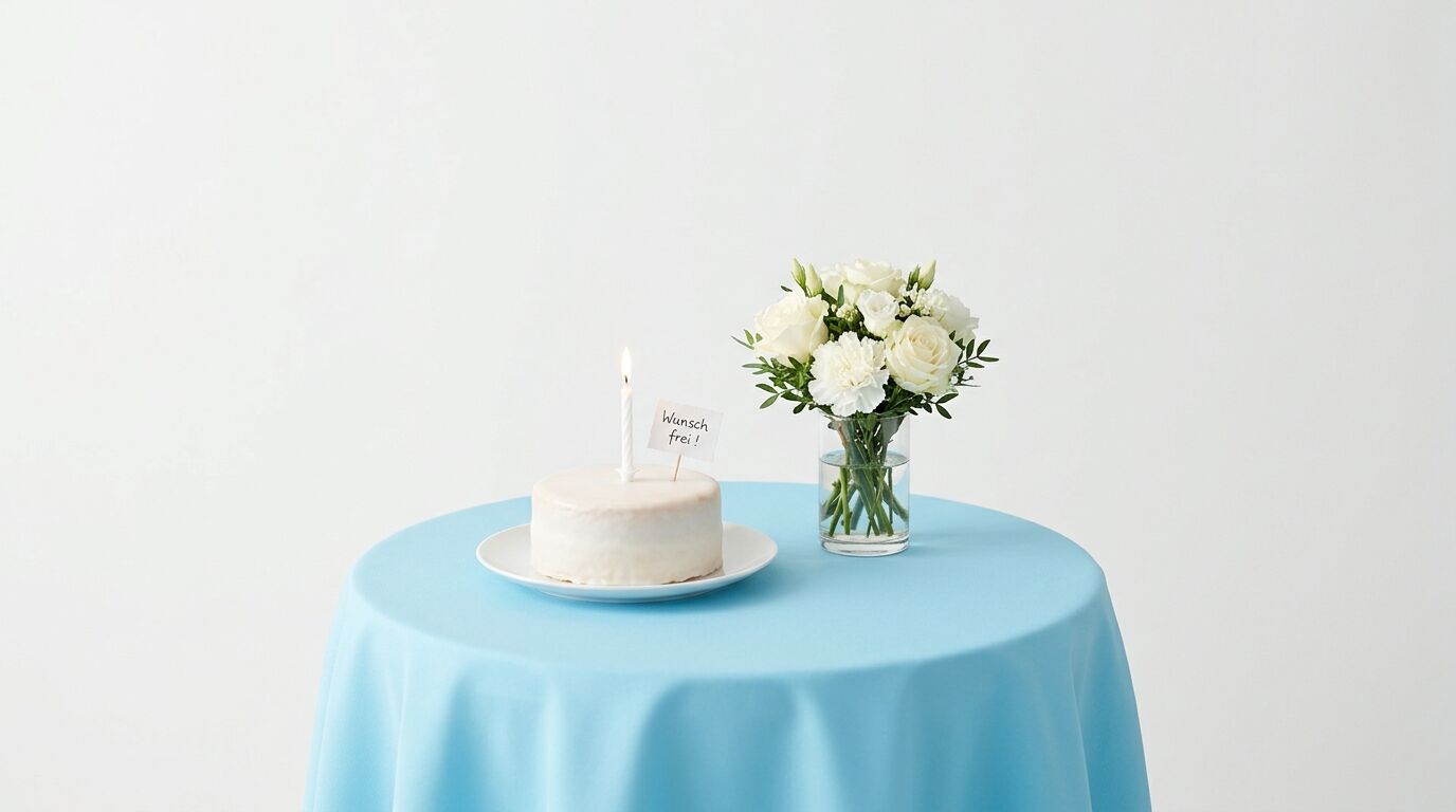 Kleiner weißer Kuchen mit Kerze und „Wunsch frei“-Schild sowie Blumenstrauß auf blauem Tisch