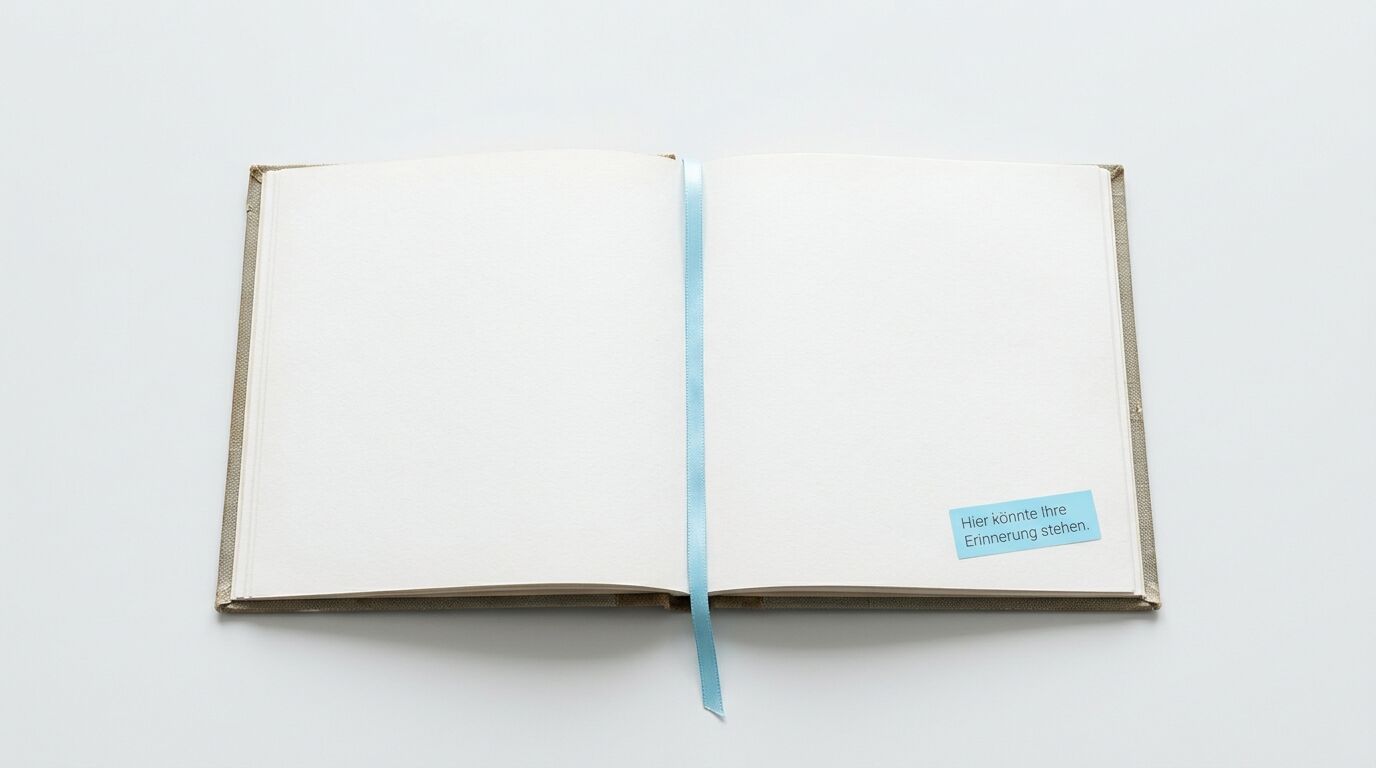 Ein aufgeschlagenes leeres Buch mit einem blauen Lesezeichen und einem Zettel darauf